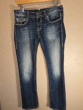 Vigoss Women's New York Straight Jeans in Faded Dark Blue Wash Size 29x32